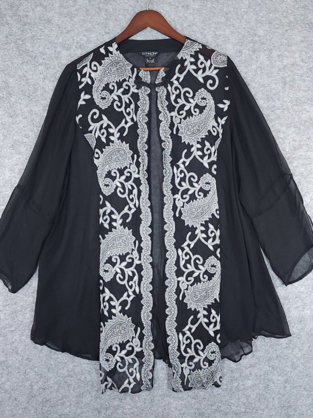 Citron Santa Monica Silk Chiffon Kimono Duster Black Paisley Sheer Open Front 1X
